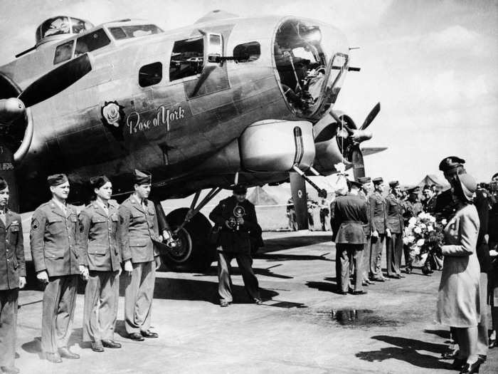 1944: Although the young royals were moved to Windsor castle for their safety during the war, Princess Elizabeth regularly greeted the troops before they began bombing raids. She christened the plane in this photo the "Rose of York."