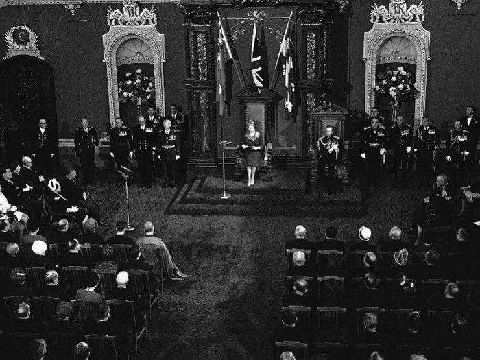 1964: Queen Elizabeth II has made over 261 official overseas since coming to the throne. While visiting Canada, part of the British Commonwealth, she addressed the Provincial legislature of Quebec in both French and English in October, 1964.