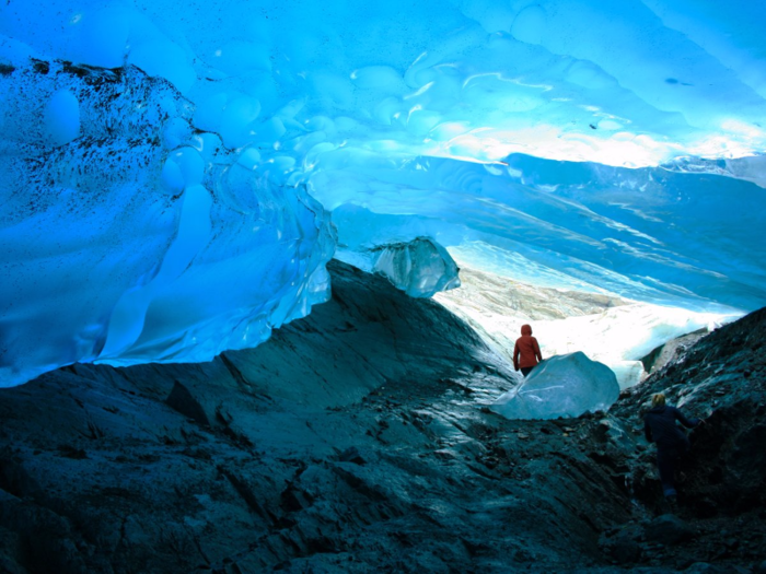 Underneath the Mendenhall Glacier in Mendenhall Valley, Alaska, are its breathtaking ice caves and their ice-capped domes. The caves continue to melt each year.