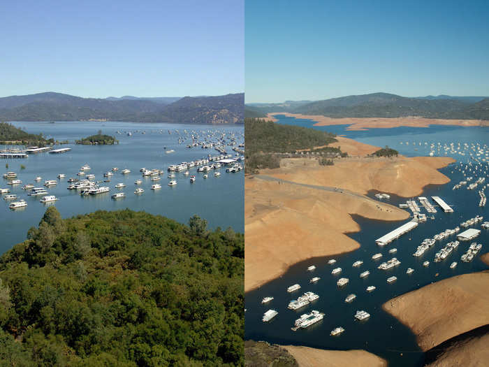 Shrinking Lake Oroville, California, July 2011 vs. Aug. 2014