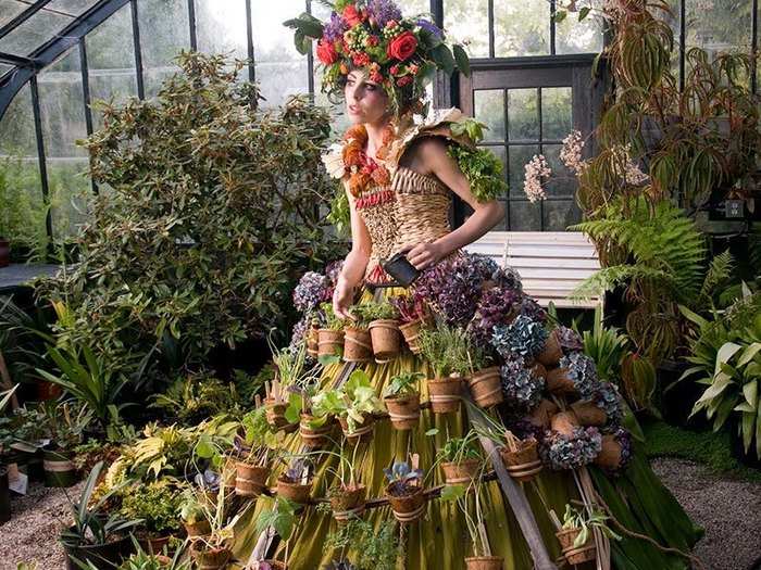 The collection includes everything from flower gowns to cabbage leaf shoes. She chooses the plants based on what