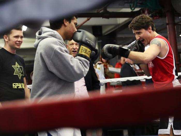 Trudeau also sparred with some students.