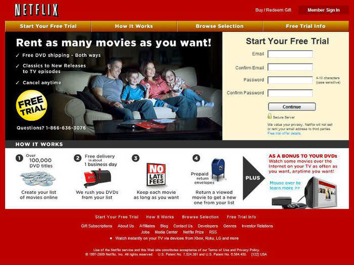 By 2009, Netflix had introduced the "happy family" image that would continue to dominate its homepage. At this point, streaming worked on TVs with devices like Roku and Xbox 360.