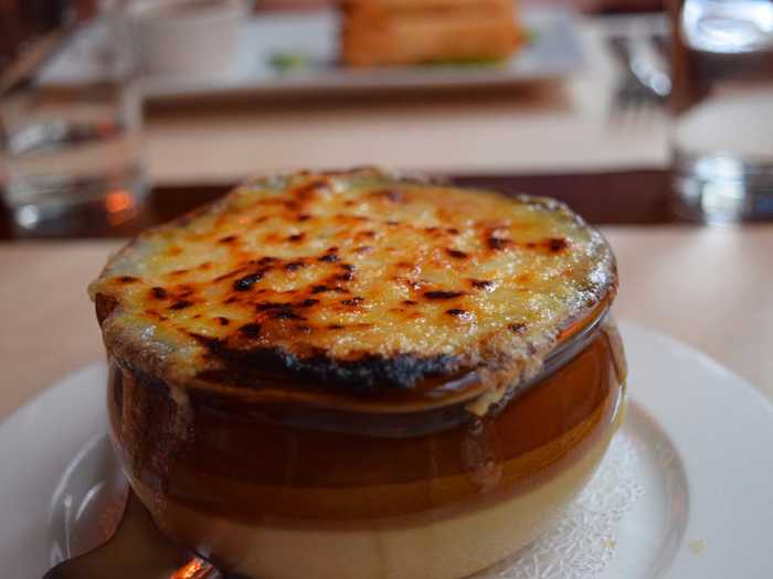 French onion soup is ancient in origin but the recipe remains largely the same: meat-based broth, caramelized onions, croutons and massive amounts of grated cheese. It