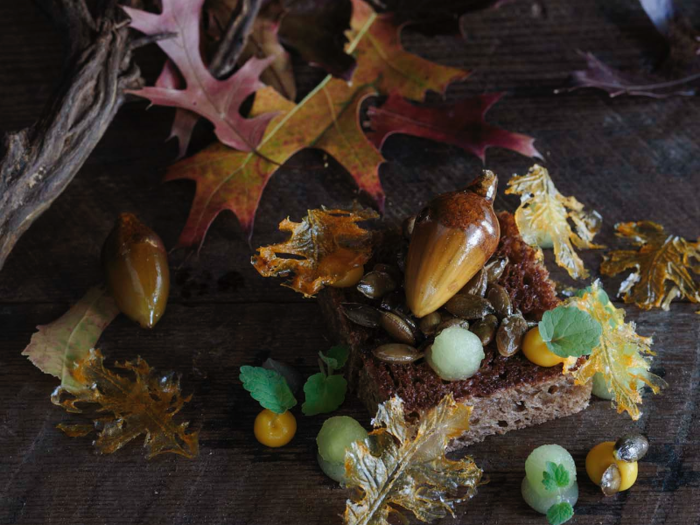 The menu changes regularly. "A Walk in the Woods" features wood, acorns and spiced brioche for the autumn menu.