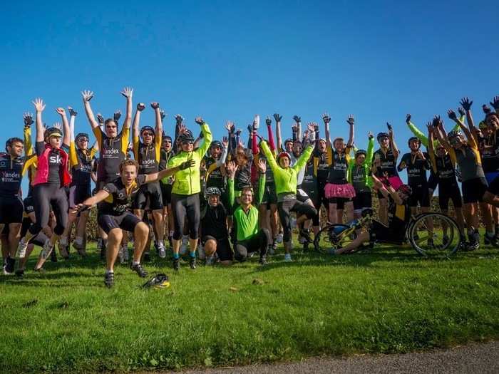 They also stop for photos in other spots. William McQuillan, a partner at Frontline Ventures, rode for 320 kilometres with a pink tutu — a bet he made in order to pass £1,000 in donations. You can just about make him out in this photo.