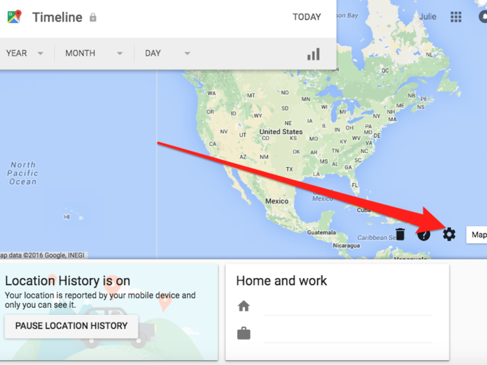 If you click on "location history" in the menu, it takes you to a page with a map, which represents your "timeline" of where and when you traveled, via Google Maps or other location services. Now click on the settings button on the lower right corner.