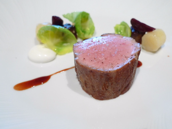 There are also two meat courses, which will again vary on a daily basis. Pictured here is glazed, nature-fed veal served with Yukon Gold potatoes, baby red beets, Brussels sprouts, horseradish créme fraîche, and a sauce "borscht".