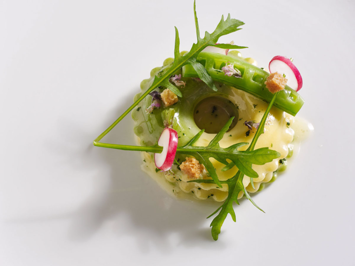 Cheese courses are also served during the meal. Pictured here is a ricotta basil anolini with sugar snap peas.