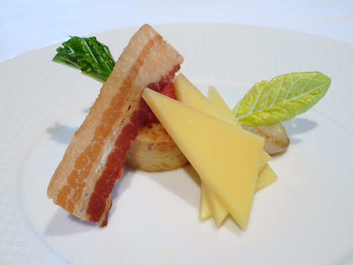 Here is another cheese dish with Comté, bacon, caramelized onion pain perdu, romaine lettuce, and a tomato compote.