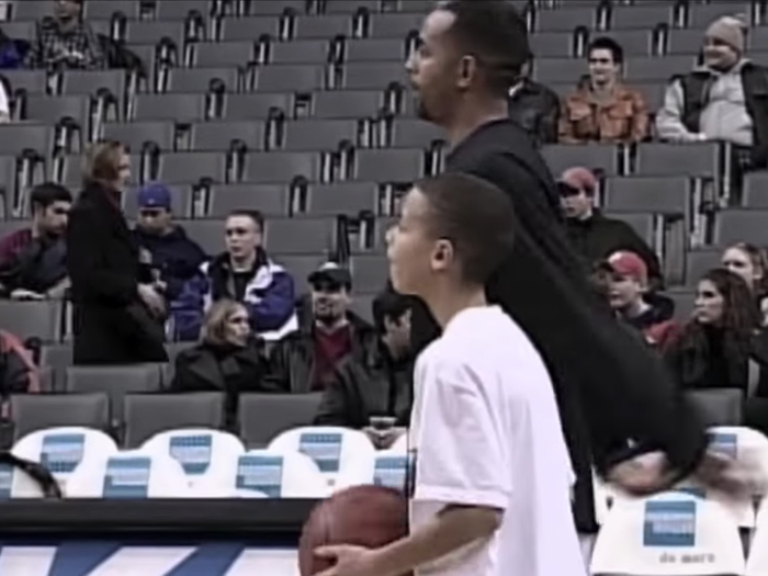 And since his father was an NBA player, Steph grew up playing, practicing, and hanging around other NBA players. Here he is warming up on an NBA court as a kid with his father.