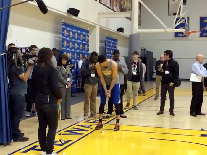 He showed off his skills by battling Lydio Ko in a putting session on the Warriors court. Curry nearly sank a 94-foot putt.