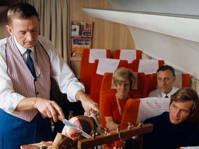 The ham was sliced with a large knife (now strictly not allowed on planes, for obvious reasons) in front of passengers. This would never happen today.