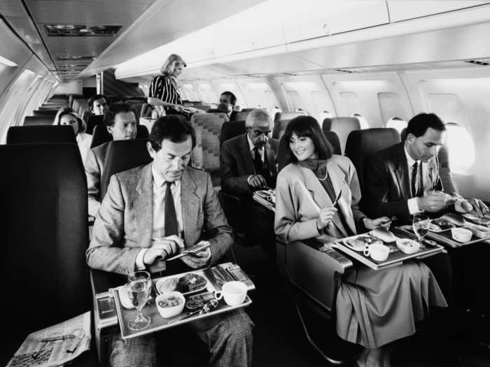 Moving into the 1980s, airline dining became a little less glamourous, as passengers ate out of trays that look more like the ones modern fliers are used to.