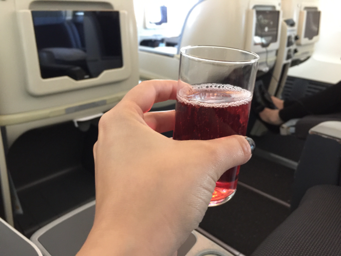 Upon boarding, the flight attendants came around offering champagne with cranberry juice, or just plain cranberry juice. Everything on the plane was complimentary.