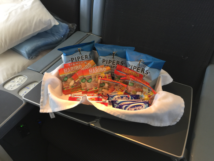 Throughout the flight, a few baskets filled with candy and chips were left out for passengers to help themselves to.