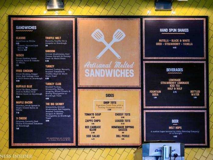 The menu is fairly simple. There are 11 sandwich options ranging from the classic grilled cheese to a packed turkey club, as well as several sides including the traditional tomato soup. Interestingly, the menus differ slightly at some locations, so what you see here may not be all that