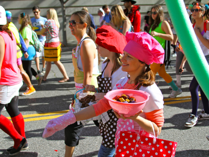 Over 100,000 people gather in outlandish costumes to participate in Bay to Breakers, a debaucherous city-wide race in San Francisco, California.