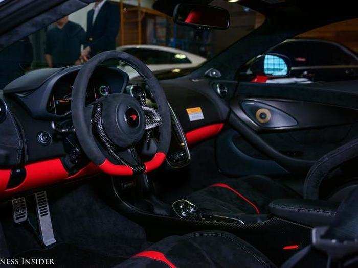 Inside, the 570 is surprisingly spacious for a car of its size and mission. The interior of our test car featured black alcantara with red leather and carbon-fiber accents.