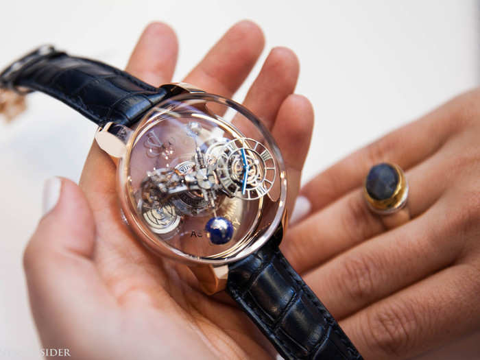 This piece, the Astronomia Clarity, is encased in sapphire and has a gravitational triple axis tourbillon with a differential gears system. It also has a perfectly spherical 288-facet "Jacob Cut" white diamond; it retails for upwards of $600,000.