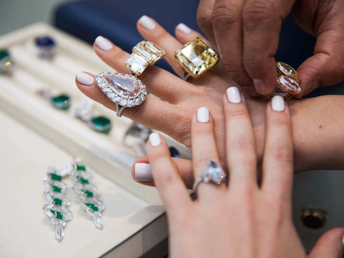 And then there are the diamonds. These pink and yellow gems can cost well into the millions for a single, flawless stone; the yellow diamond on the right is 75 carats.