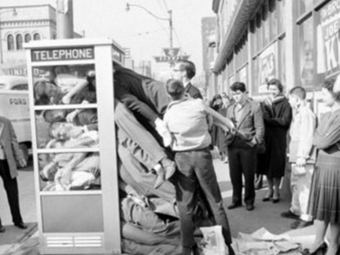 Phone booth stuffing took off all over the world in the late 1950s.
