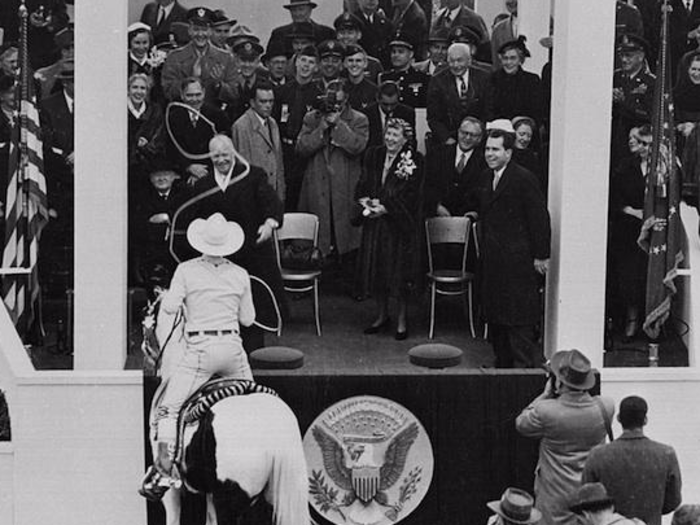 Dwight Eisenhower gets lassoed at the 1953 inauguration while Nixon laughs.