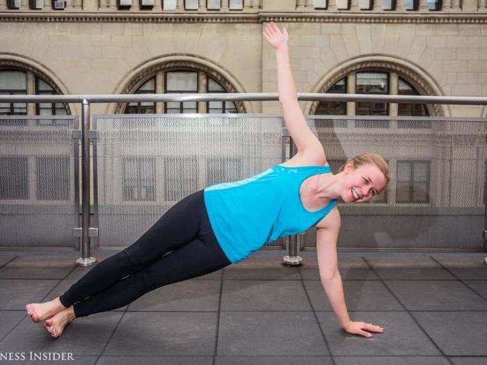 Exercise #2: Side planks. In addition to feeling this along your obliques, both arms should be feeling activated.