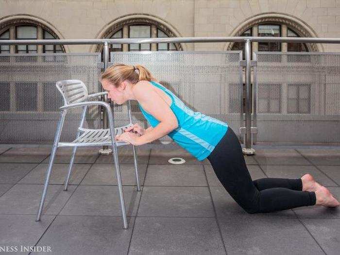 Exercise #4:  Reverse chair push up. You can also use the chair to do modified push ups. Moffat said she prefers the modifications, as a way to get your body moving that