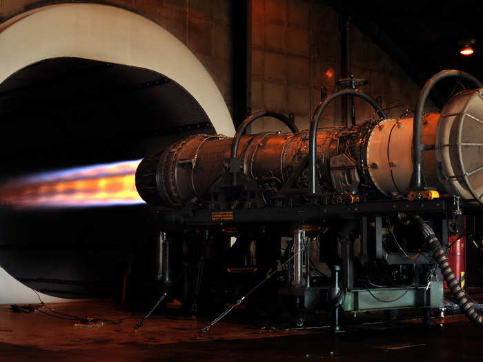 An afterburner glows during a test engine run and diagnostics on an F-15 engine, following repair at the Jacksonville Air National Guard Base.