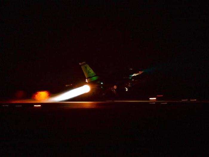 A US Air Force F-16C Fighting Falcon from the 177th Fighter Wing of the New Jersey Air National Guard rotates during a full afterburner take off.