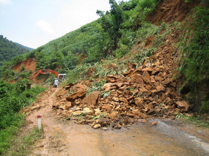 The typhoon caused mud and rock slides to block the roads.