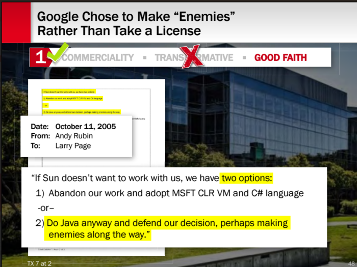 Oracle also showed off a lot of embarrassing emails from Google, calling former Android leader Andy Rubin to the stand. In this famous email, Rubin warns Page that if Sun refused to work with Google, Google could be "making enemies."