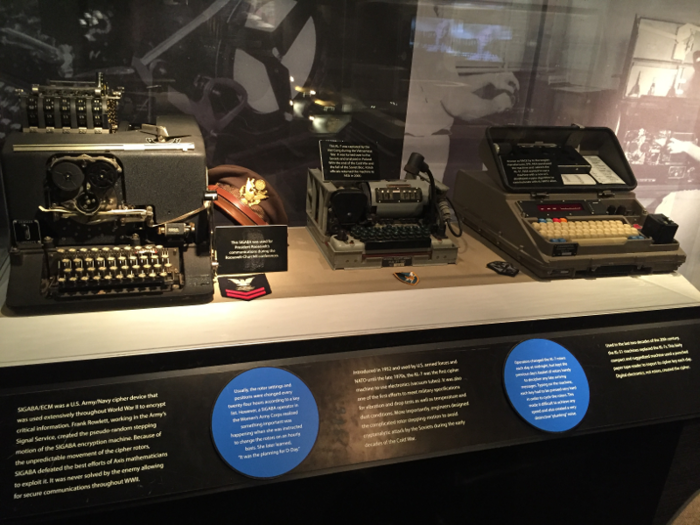 On display are lots of old cipher devices — typewriter-like machines that produced codes long before supercomputers and secure telephones.