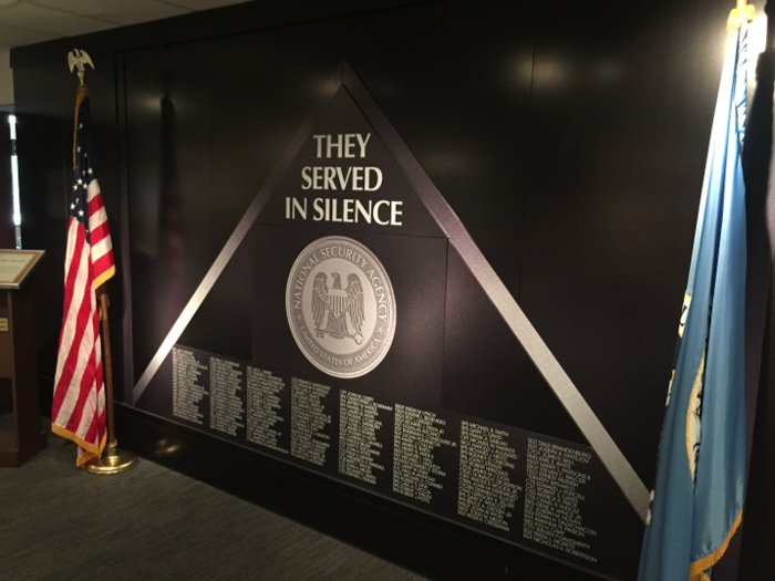 The NSA honors its fallen employees on this memorial wall. More than 150 military and civilian cryptologists are remembered here.