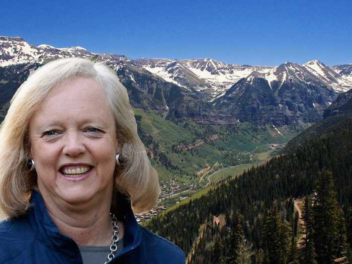 HP chief Meg Whitman owns a mountain home and dude ranch in Telluride, Colorado. The ski home is said to be valued at $4.8 million, while Skyline ranch is worth about $18 million.  She has also donated millions to preserve endangered land in the area, including near Alta Lakes.