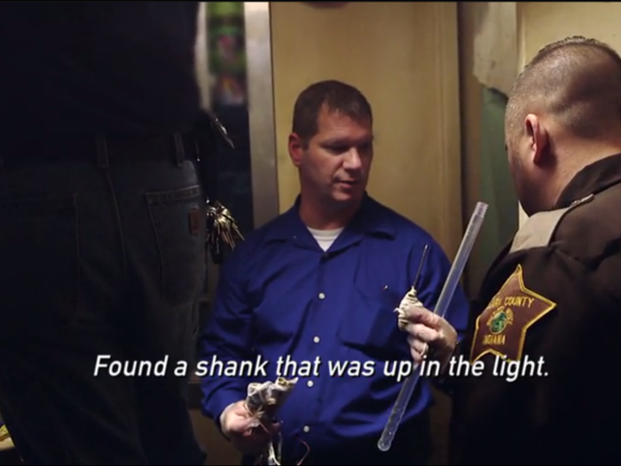 During the raid, officers found a shank hidden in a light fixture. The handle was covered in string, presumably for an attacker to wrap around his hand to keep his grip.