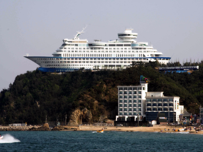 The Sun Cruise Resort & Yacht in Jeongdongjin, South Korea, is built to look like a huge cruise ship that ran aground and somehow ended up on a cliff. It