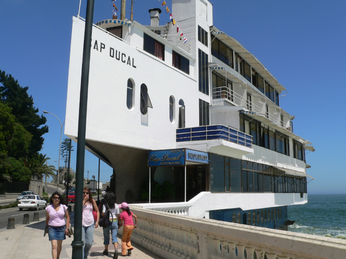 Cap Ducal is a ship-shaped hotel in restaurant overlooking the Pacific Ocean in Vina del Mar, Chile. The views are spectacular.