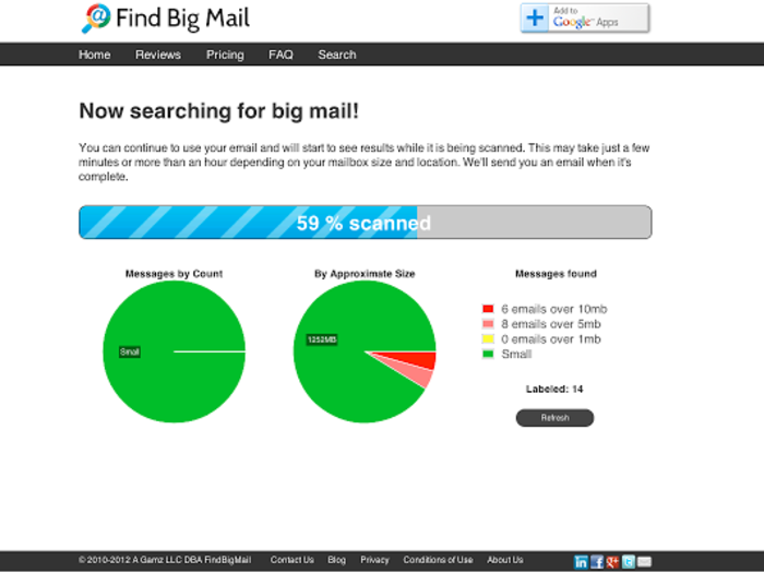 Find Big Mail searches for all the huge emails eating up your space and deletes them