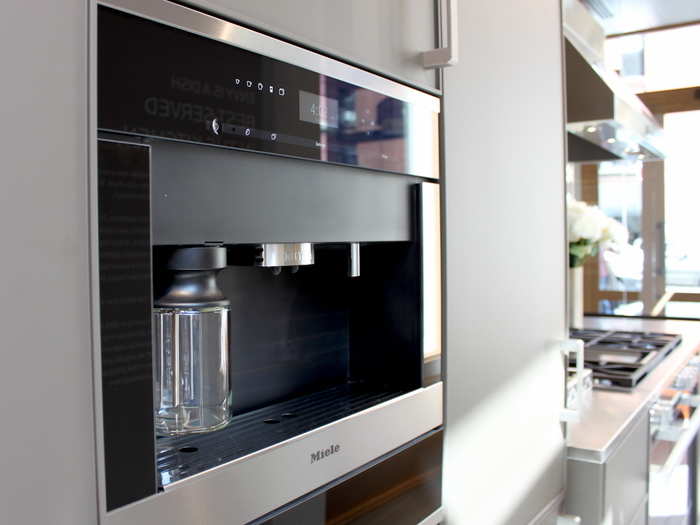 Because the store is located in New York, many of its model kitchens pack a lot into a small area. One vignette holds a convection oven, steam oven, warmer, griddle with six burners, pantry, and fridge with an espresso machine (all by Miele) in a 12-foot-wide space. Total cost: $28,991.