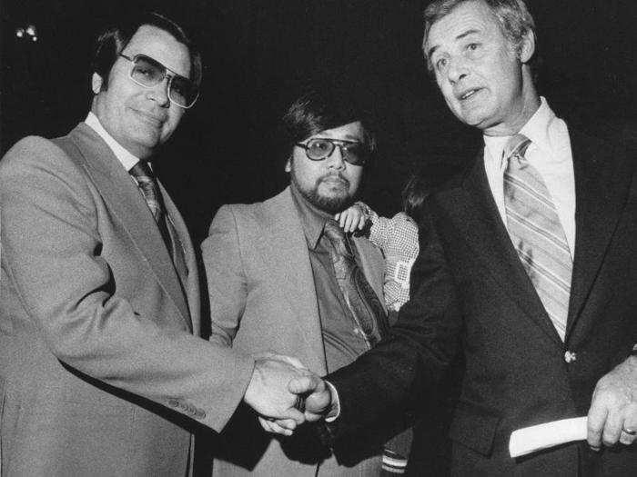 In December 1975, George Moscone (right) was elected mayor, winning a narrow victory over conservative John Barbagelata. One of his most important constituencies was a largely African American church in San Francisco