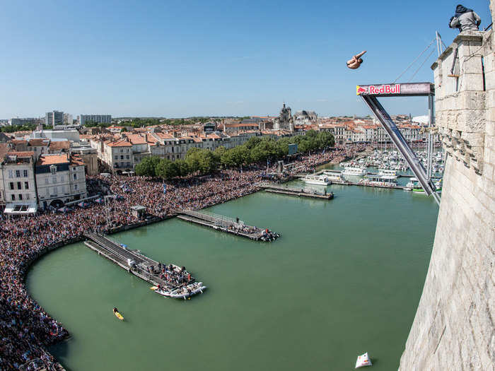 Pictured here is La Rochelle, France. The platform is set at the base of the Saint Nicolas Tower, which sits surrounded by a marina with a stadium-like setup. "You really feel like a rock star for a day when you