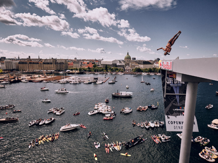 Pictured here is Copenhagen, Denmark, where competing divers jumped off of the opera house. While the building itself has an impressive design, the views were equally amazing.