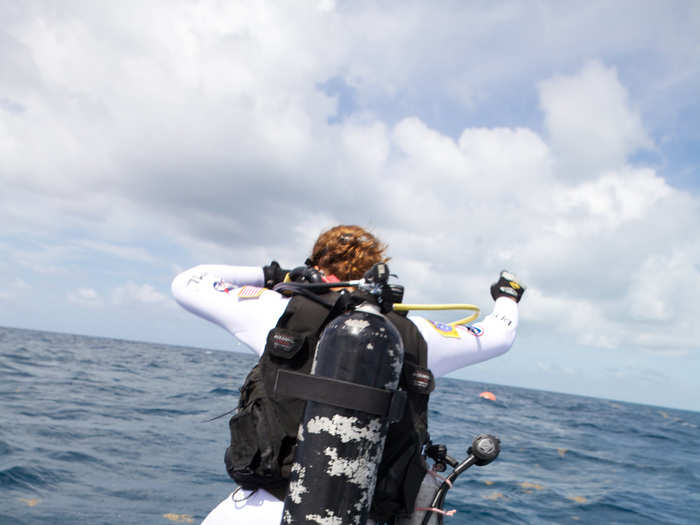 Researchers, students, and NASA or Navy aquanauts dive down to the station from the surface.