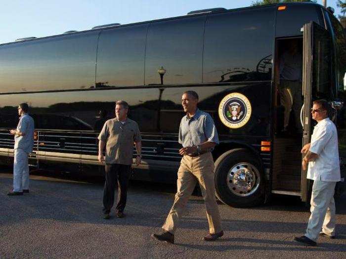 The bus comes with a suite of security precautions, including run-flat tires, armored exteriors, and heavily reinforced glass.