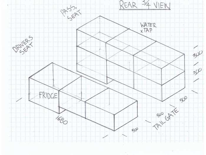 Dad and I designed this interior cabinet layout without having the Jeep in front of us. I built it exactly — mirrored — so the fridge is behind the passenger, not the driver. It doesn