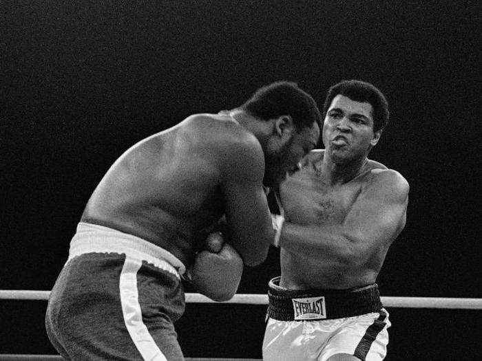 Ali is pictured here in a match-up with Joe Frazier in Manila, Philippines, October 1, 1975.