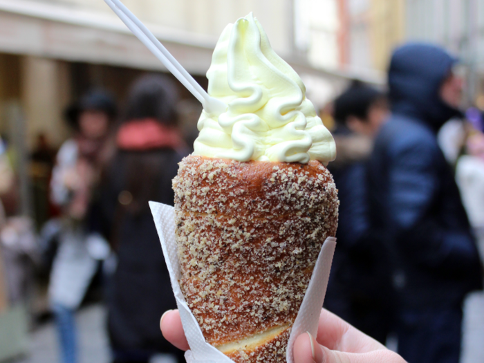 Trdelník are popular in Central Europe right now. The sweet pastries are cooked on rods over hot coals, dusted with sugar and walnuts, and then filled with ice cream, Nutella, or whipped cream and fruit. Bistro U Kajetana in Prague has the very best.