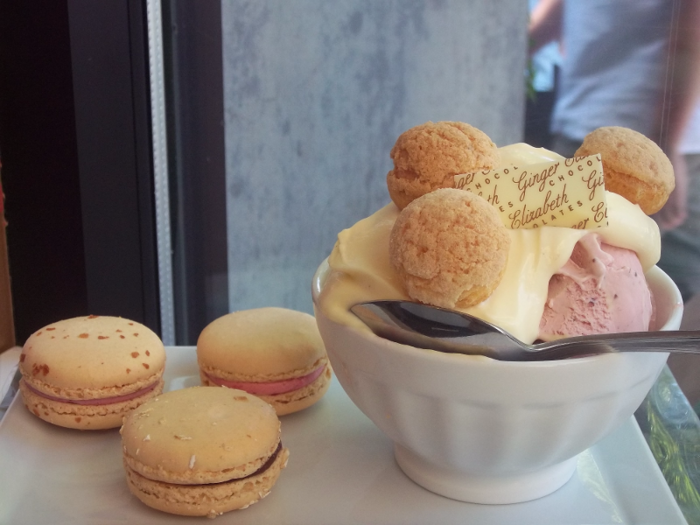 Ginger Elizabeth Chocolate in Sacramento, CA, makes a crunchy macaron-filled sundae. They have delicious concoctions like sour cream, strawberry ice cream, rhubarb butter, and macaron sundaes.